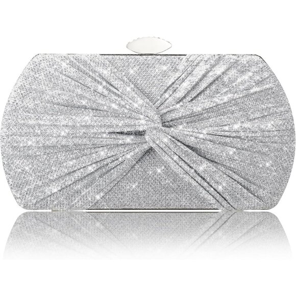 Women's Wedding Evening Silver Glitter Clutch Sparkly Detachable Chain Hand Bag - Picture 1 of 6
